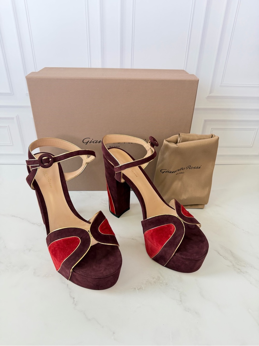 Gianvito Rossi Tamara 125mm Platform Heeled Sandals Burgundy Suede EU 41